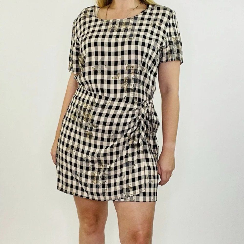 S. Roberts Vintage 80's Black/Cream Shepherd plaid Floral dress, size 24